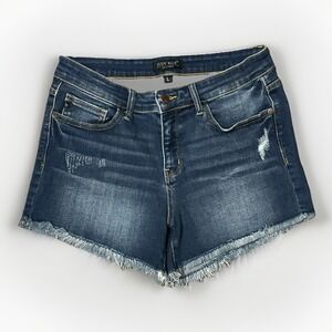 Judy Blue Distressed Frayed Hem Cutoff‎ Denim Jean Shorts Women's Sz L Boho Chic